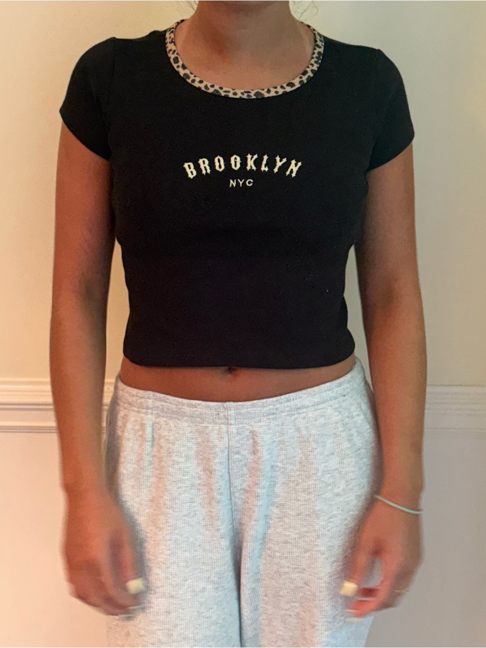 Brandy Melville John Galt BlackCrop Top with Leopard-Trim Neckline